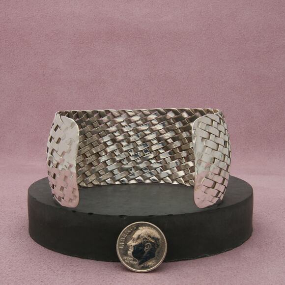 taxco mexico sterling silver vintage turquoise woven cuff bracelet size 7.25in - Picture 2 of 3